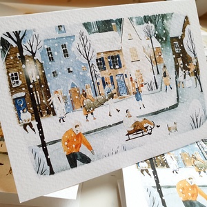 Téli táj, minimál stílusú rajz, korcsolyázó emberek,havas, Karácsonyi Képeslap, kinyithatós képeslap A6 méret borítékkal - karácsony - karácsonyi ajándékozás - karácsonyi képeslap, üdvözlőlap, ajándékkísérő - Meska.hu