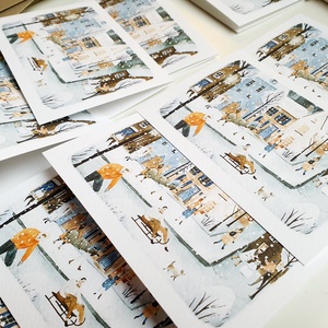 Téli táj, minimál stílusú rajz, korcsolyázó emberek,havas, Karácsonyi Képeslap, kinyithatós képeslap A6 méret borítékkal - karácsony - karácsonyi ajándékozás - karácsonyi képeslap, üdvözlőlap, ajándékkísérő - Meska.hu