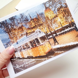 Budapesti Karácsonyi Képeslap, Adventi Képeslap, Karácsony, üdvözlőlap, Budapest, villamos, parlament - Meska.hu