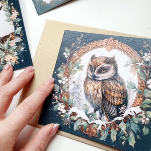 Bagoly, vintage, kinyitható Karácsonyi Képeslap, Állatos, madaras, Adventi lap, 13.5x13.5 cm borítékkal, négyzet - karácsony - karácsonyi ajándékozás - karácsonyi képeslap, üdvözlőlap, ajándékkísérő - Meska.hu
