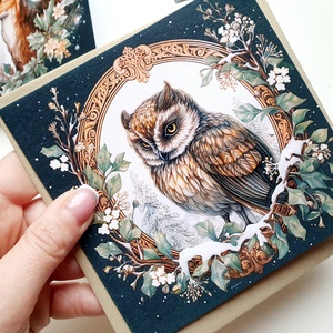 Bagoly, vintage, kinyitható Karácsonyi Képeslap, Állatos, madaras, Adventi lap, 13.5x13.5 cm borítékkal, négyzet, Karácsony, Karácsonyi ajándékozás, Karácsonyi képeslap, üdvözlőlap, ajándékkísérő, Fotó, grafika, rajz, illusztráció, Mindenmás, MESKA