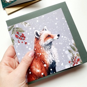 Rókás, Karácsonyi Képeslap, Állatos, róka, Adventi lap, kinyithatós képeslap, 13.5x13.5 cm borítékkal, négyzet, Karácsony, Karácsonyi ajándékozás, Karácsonyi képeslap, üdvözlőlap, ajándékkísérő, Fotó, grafika, rajz, illusztráció, Mindenmás, MESKA