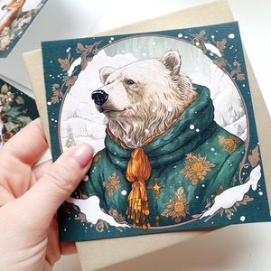Jegesmedve, vintage, kinyitható Karácsonyi Képeslap, Állatos, medvés, Adventi lap, 13.5x13.5 cm borítékkal, négyzet, Karácsony, Karácsonyi ajándékozás, Karácsonyi képeslap, üdvözlőlap, ajándékkísérő, Fotó, grafika, rajz, illusztráció, Mindenmás, MESKA