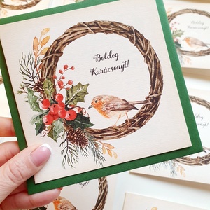 Madaras Karácsonyi Képeslap, Adventi Képeslap, Karácsonyi,  Karácsonyi üdvözlőlap, Ünnepi képeslap, madár, koszorú, Karácsony, Karácsonyi ajándékozás, Karácsonyi képeslap, üdvözlőlap, ajándékkísérő, Fotó, grafika, rajz, illusztráció, Mindenmás, MESKA