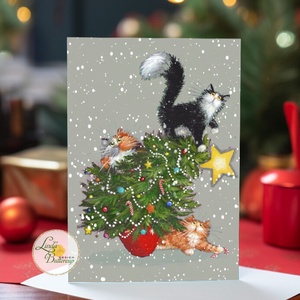 vicces cicás karácsonyi képeslap, cicás, cica, macska, macskás, üdvözlő lap, képeslap, BORÍTÉKKAL - Meska.hu