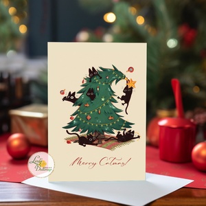 vicces cicás karácsonyi képeslap, cicás, cica, macska, karácsonyfa, üdvözlő lap, képeslap, BORÍTÉKKAL - Meska.hu