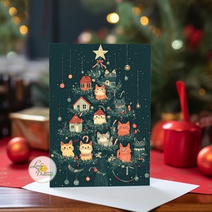 vicces cicás karácsonyi képeslap, cicás, cica, macska, karácsonyfa, üdvözlő lap, képeslap, BORÍTÉKKAL - Meska.hu