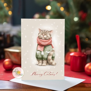 Cuki cicás karácsonyi képeslap, cicás, cica, macska, aranyos, macskás, üdvözlő lap, képeslap, BORÍTÉKKAL - Meska.hu
