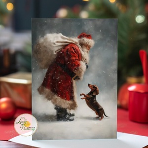 aranyos tacskós karácsonyi képeslap, mikulás, tacskó, tacsi, kutyás, üdvözlő lap, képeslap, BORÍTÉKKAL, Karácsony, Karácsonyi ajándékozás, Karácsonyi képeslap, üdvözlőlap, ajándékkísérő, Fotó, grafika, rajz, illusztráció, Mindenmás, MESKA