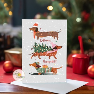 aranyos tacskós karácsonyi képeslap, rajz, cuki, tacskó, tacsi, kutyás, üdvözlő lap, képeslap, BORÍTÉKKAL - Meska.hu