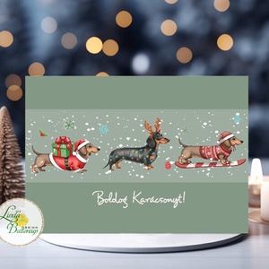 aranyos tacskós karácsonyi képeslap, rajz, cuki, tacskó, tacsi, kutyás, üdvözlő lap, képeslap, BORÍTÉKKAL - Meska.hu