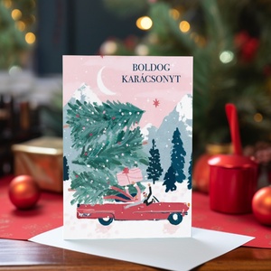 Pasztel Karácsonyi Képeslap, Téli táj, minimál stílusú rajz, autó, kinyithatós képeslap A6 méret borítékkal - Meska.hu