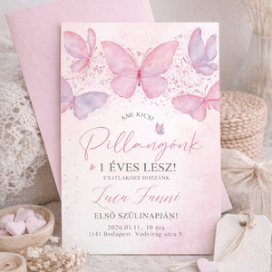 Pillangós Szülinapi Meghívó �  Pasztell pink, Egyedi Névre Szóló Meghívó + SZERKESZTÉSI DÍJ - Meska.hu
