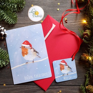 Karácsonyi Képeslap, Állatos, Madár, Madaras, Adventi, Karácsonyi üdvözlőlap, Ünnepi képeslap, Mikulás - Meska.hu