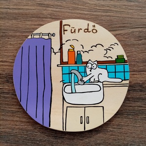 Simon's cat - Fürdő ajtójelölő tábla, ajtó jelölő tábla, ajtódísz, kopogtató, Otthon & Életmód, Dekoráció, Ajtó- és ablak dekoráció, Ajtótábla, Festészet, Festett tárgyak, MESKA