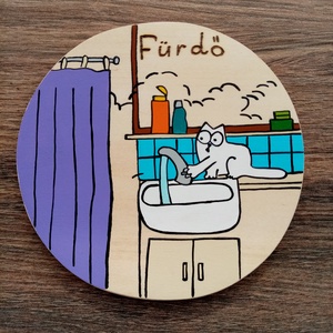 Simon's cat - Fürdő ajtójelölő tábla, ajtó jelölő tábla, ajtódísz, kopogtató - otthon & életmód - dekoráció - ajtó- és ablak dekoráció - ajtótábla - Meska.hu