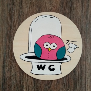 Ajtótábla, névtábla, kopogtató, felirat- Bagoly a wc-n , Otthon & Életmód, Ház & Kert, Névtábla, Festett tárgyak, Festészet, MESKA