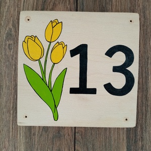 Házszám, házszámtábla, utcatábla- sárga tulipános , házszám ., Otthon & Életmód, Ház & Kert, Házszám, Festészet, Festett tárgyak, MESKA