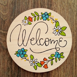 Virágos Welcome tábla, ajtótábla, ajtó jelölő tábla, Otthon & Életmód, Dekoráció, Ajtó- és ablak dekoráció, Ajtótábla, Festészet, Festett tárgyak, MESKA