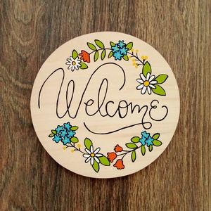 Virágos Welcome tábla, ajtótábla, ajtó jelölő tábla - otthon & életmód - dekoráció - ajtó- és ablak dekoráció - ajtótábla - Meska.hu