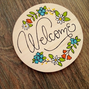 Virágos Welcome tábla, ajtótábla, ajtó jelölő tábla - otthon & életmód - dekoráció - ajtó- és ablak dekoráció - ajtótábla - Meska.hu