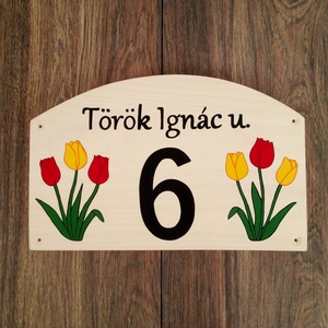 Házszám, házszámtábla, utcatábla- Piros-Sárga tulipánok - Íves házszám , Otthon & Életmód, Ház & Kert, Házszám, Festészet, Festett tárgyak, MESKA