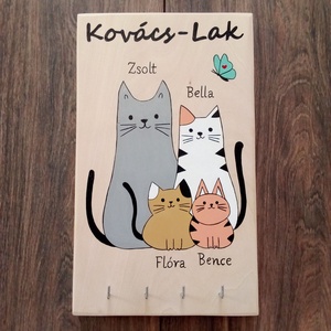 Fali kulcstartó, fali kulcsakasztó, kép, dekoráció .- macska család, Otthon & Életmód, Dekoráció, Fali és függő dekoráció, Fali kulcstartó, Festészet, Festett tárgyak, MESKA