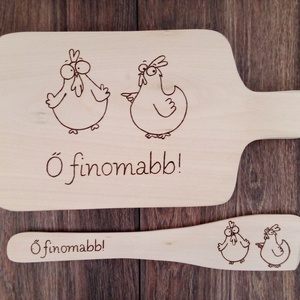 Vicces Csirkés vágódeszka, fakanál, teflon lapát szett - 2 darabos - otthon & életmód - konyhafelszerelés, tálalás - sütés, főzés - vágódeszka - Meska.hu