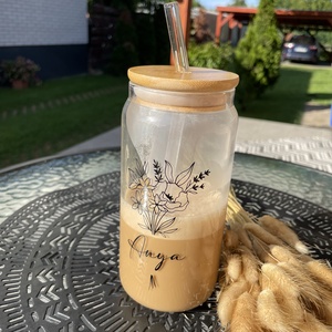 Feliratos üvegpohár  Anya felirattal, virágos mintával - otthon & életmód - konyhafelszerelés, tálalás - tálalás - teás- és kávés pohár, készlet - Meska.hu