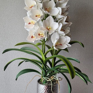 3 szálas cymbidium beültetés ezüst vázában - otthon & életmód - dekoráció - asztal és polc dekoráció - asztaldísz - Meska.hu