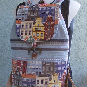 Színes város textil hátizsák gobelin jellegű vászonból, Táska & Tok, Hátizsák, Hátizsák, Varrás, MESKA