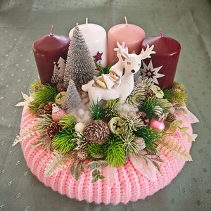 Adventi koszorú rózsaszín horgolt alappal, Karácsony, Adventi díszek, Adventi koszorú, Horgolás, MESKA