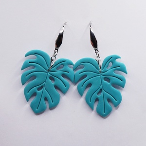 Türkizzöld monstera fülbevaló, Ékszer, Fülbevaló, Lógó fülbevaló, Ékszerkészítés, Gyurma, MESKA