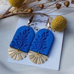 Kék, levél mintás fülbevaló, Ékszer, Fülbevaló, Lógó fülbevaló, Ékszerkészítés, Gyurma, MESKA