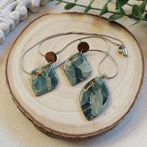 Ásványhatású zöld szett , Ékszer, Fülbevaló, Lógó fülbevaló, Ékszerkészítés, Gyurma, MESKA