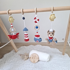 Tengerparti horgolt Baby Gym függő szett  � Kézműves Montessori baba játék � Little Rosie - baba - mama - baba játékok - mozgásfejlesztő játékok - Meska.hu