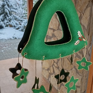 Karácsonyi filc harang ajtó- és ablakdísz � csillagos, kézzel hímzett ünnepi dekor (zöld), Karácsony, Karácsonyi lakásdekoráció, Karácsonyi ajtódíszek, , MESKA
