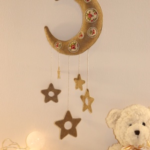 Bézs filc hold csillagokkal � kézzel készült, nyugtató gyerekszoba dekor, Otthon & Életmód, Babaszoba, gyerekszoba, Babaszoba dekoráció, Varrás, Horgolás, MESKA
