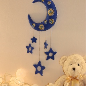 Kék filc hold csillagokkal � kézzel készült, nyugtató gyerekszoba dekor, Otthon & Életmód, Babaszoba, gyerekszoba, Babaszoba dekoráció, Varrás, Horgolás, MESKA