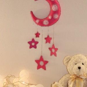 Rózsaszín filc hold csillagokkal � kézzel készült, nyugtató gyerekszoba dekor, Otthon & Életmód, Babaszoba, gyerekszoba, Babaszoba dekoráció, , MESKA
