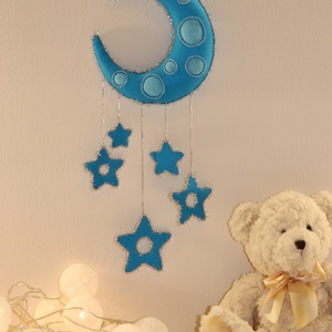 Kékes türkiz filc hold csillagokkal � kézzel készült falidekor, Otthon & Életmód, Babaszoba, gyerekszoba, Babaszoba dekoráció, Varrás, Horgolás, MESKA