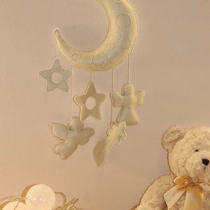 Natúr (vajszínű) filc hold csillagokkal és angyalokkal � kézzel készült falidekor, Otthon & Életmód, Babaszoba, gyerekszoba, Babaszoba dekoráció, Varrás, Horgolás, MESKA
