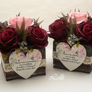 Bordó rózsás szülőköszöntő virágdobozok párban, Esküvő, Emlék & Ajándék, Szülőköszöntő ajándék, Virágkötés, MESKA