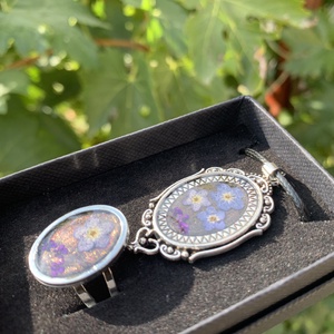 Arany-szürke szárított virágos nyaklánc-gyűrű ékszerszett, Ékszer, Ékszerszett, Ékszerkészítés, Fémmegmunkálás, MESKA