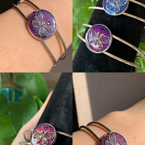 Lila csillámos pillangós epoxy karperec, Ékszer, Karkötő, Karperec, Ékszerkészítés, Fémmegmunkálás, MESKA