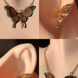 Narancs-fekete pillangós nyaklánc-fülbevaló szett - ékszer - ékszerszett - Meska.hu