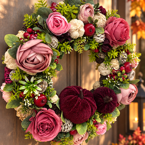 Elegáns romantikus őszi ajtódísz-bordó, rózsaszín - otthon & életmód - dekoráció - ajtó- és ablak dekoráció - ajtódísz & kopogtató - Meska.hu