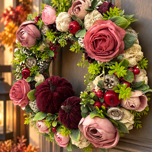 Elegáns romantikus őszi ajtódísz-bordó, rózsaszín - otthon & életmód - dekoráció - ajtó- és ablak dekoráció - ajtódísz & kopogtató - Meska.hu