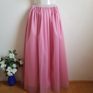Élénk rózsaszín tüll szoknya, alkalmi hosszú, maxi szoknya csillogós derékkal, Esküvő, Ruha, Menyasszonyi ruha, Varrás, MESKA