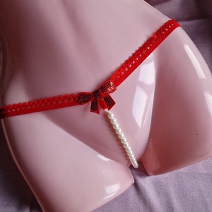 FEN55D - Női fehérnemű - Piros masnis, gyöngyös G-string tanga bugyi, Ruha & Divat, Női ruha, Fürdőruha & Fehérnemű, Varrás, MESKA
